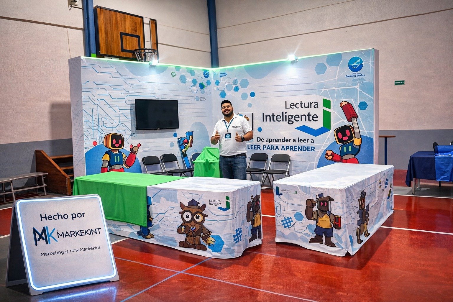 Equipo de Lectura Inteligente celebrando en su stand fabricado por Markekint